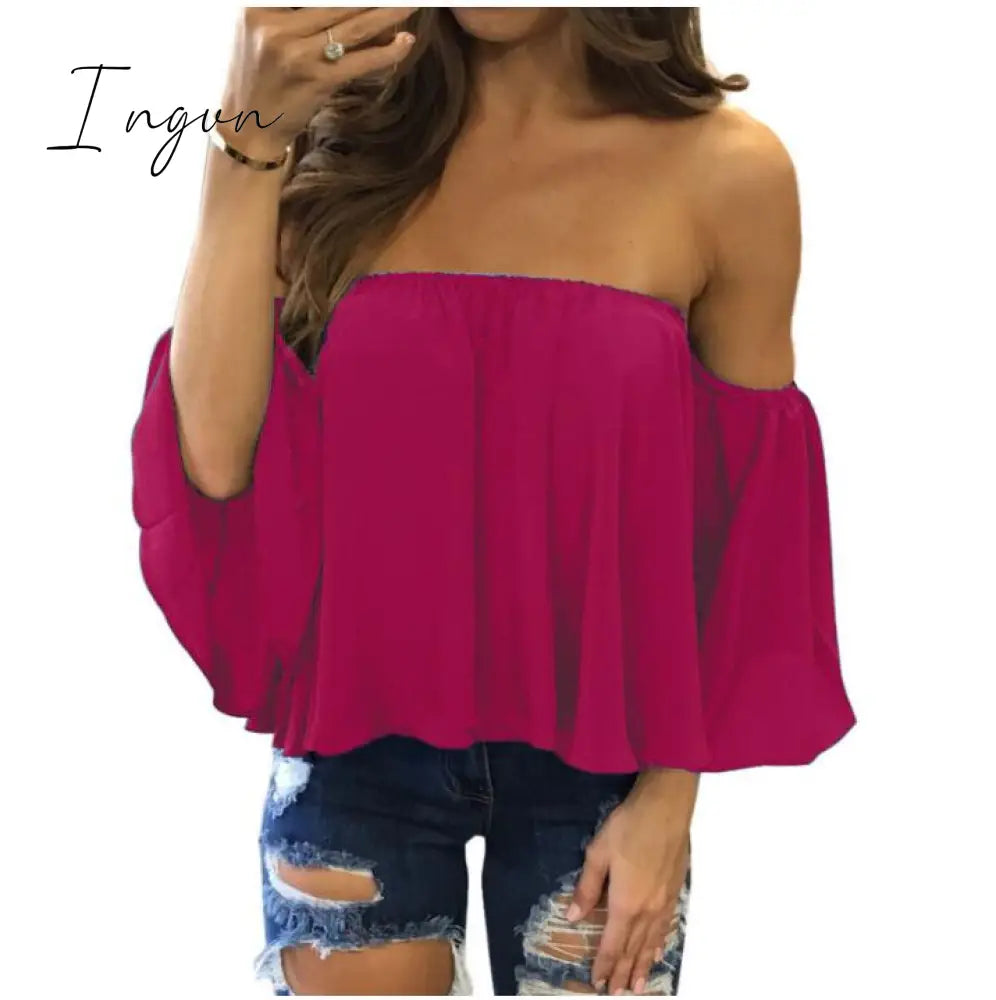 Ingvn - Summer T-shirt Women Fashion Sexy Chiffon Off Shoulder Shirts Strapless Short Sleeve Beach Tops Tee Feminine 5XL