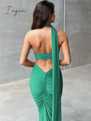 Ingvn - Fashion Backless Sexy Dress Set Women Halter Back Strap Crop Top And Maxi Skirt Female Elegant Bodycon Two Piece Set