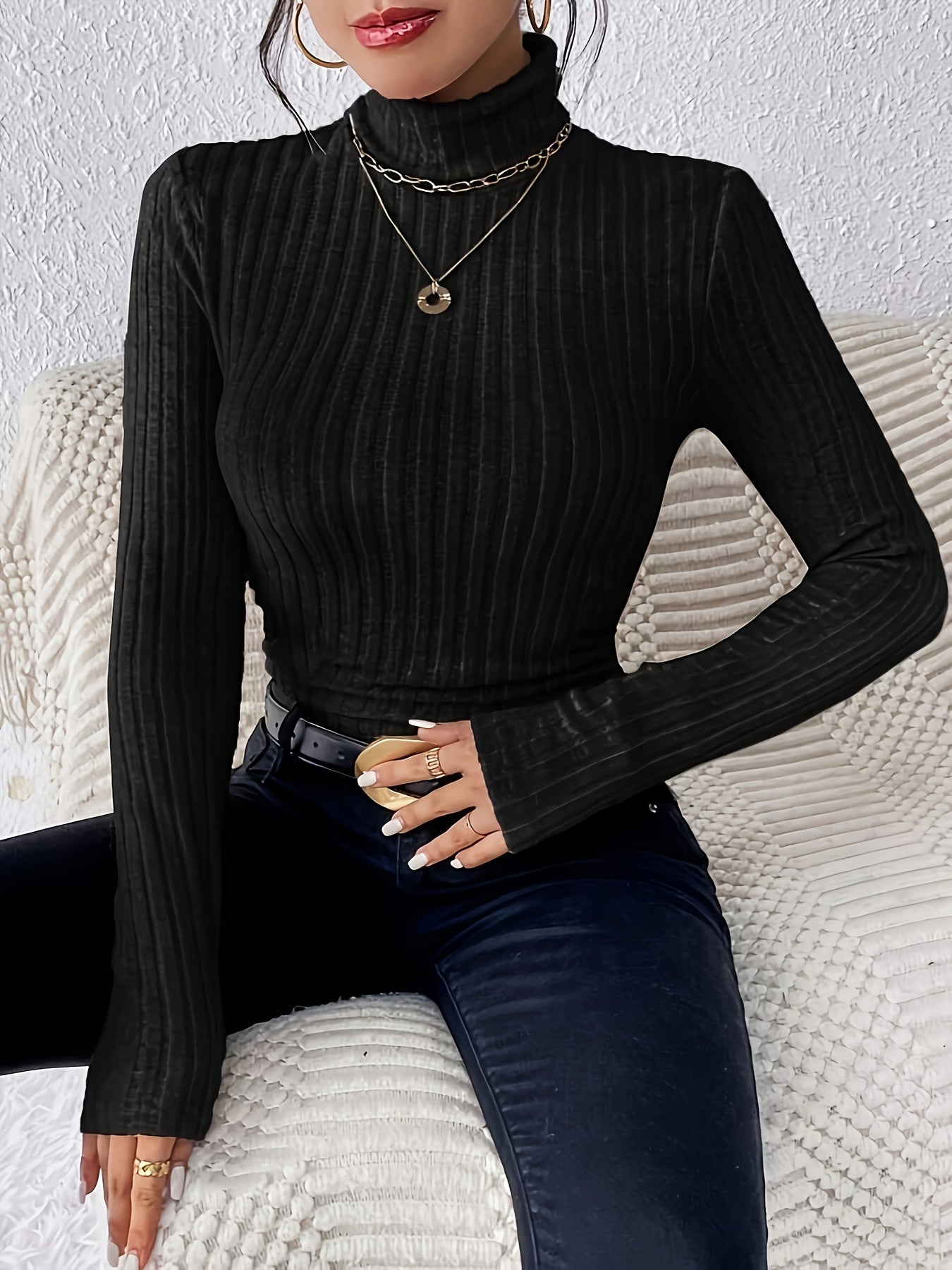 Stylish Ribbed Turtleneck Sweater for Women - Soft, Long Sleeve, Solid Color, Machine Washable, Breathable, and Comfortable - Perfect for Fall and Winter Seasons