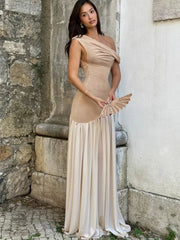 Ingvn  Woman Clothing One Shoulder See-through Mesh Maxi Dress Elegant Diagonal Collar Sleeveless Irregular Long Party Evening Dresses