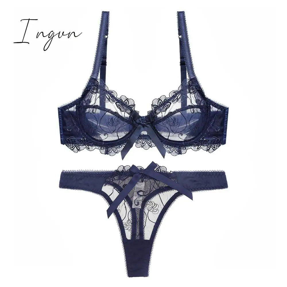 Ingvn - Hot 2pcs Women Sexy Ultra-Thin  Breathable Floral Lingerie  Sets Bras+Thongs
