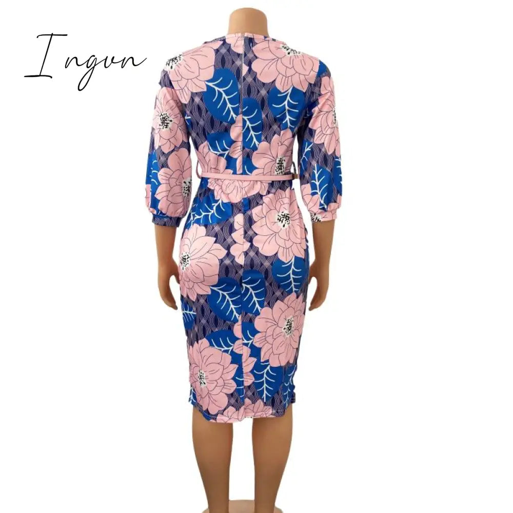Ingvn - Women Bodycon Printed Dress Three Quarter Sleeves Midi Office Ladies Work Wear Elegant Classy Vestidos African Female Plus Size