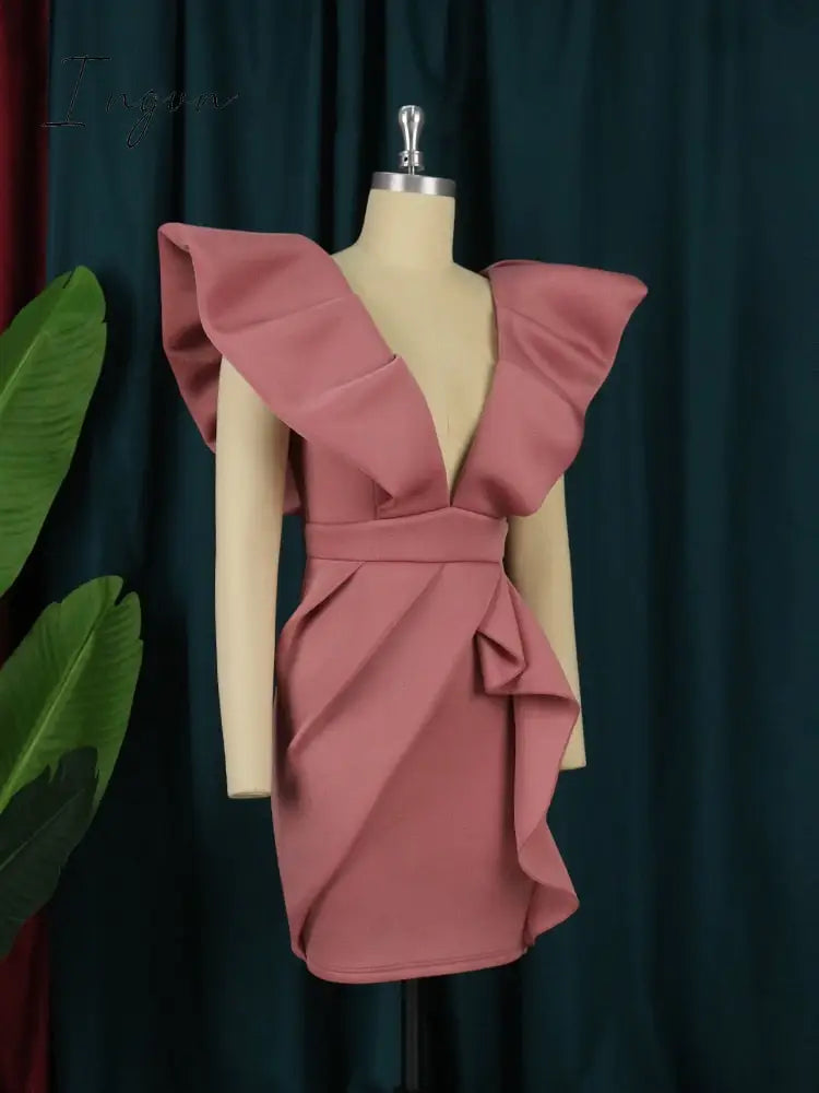 Ingvn - Deep V Neck Dresses Cape Sleeve High Waist Sexy Bodycon Ruffles Ladies Cocktail Club Party Event Outfits for Women Summer 4XL