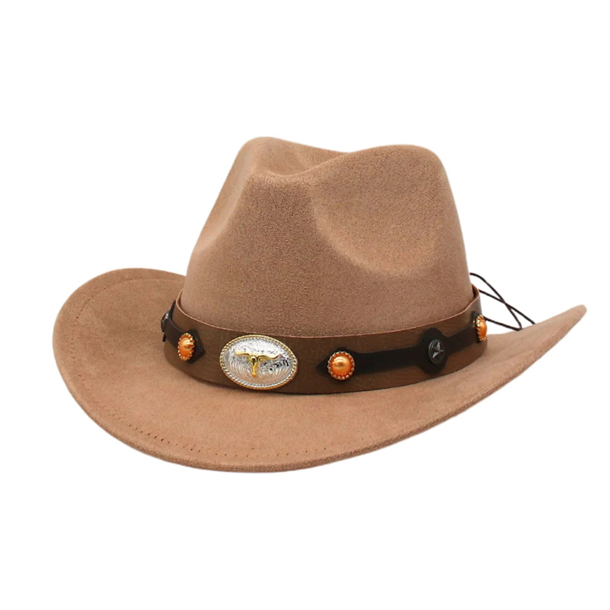 Women Men Cowgirl Hat Wide Brim Bull Head Belt Western Panama Jazz Hat for Wedding Rave Party Travel Accessories
