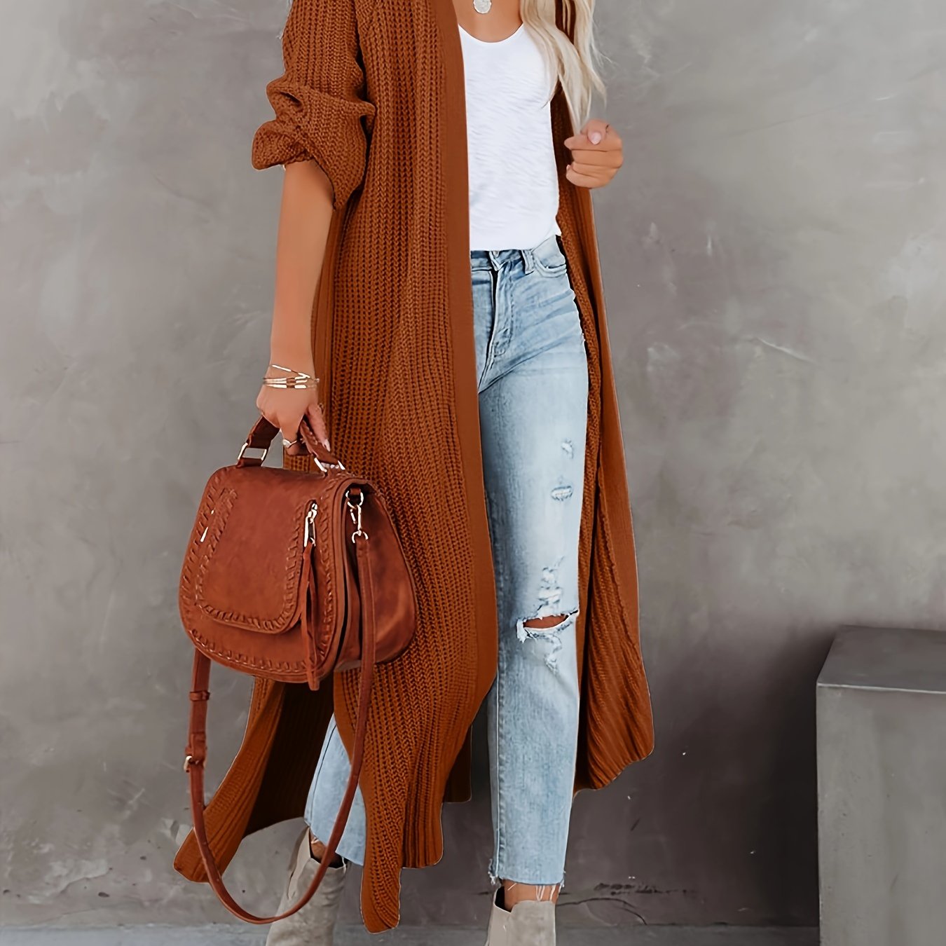 Stylish & Cozy Open Front Cardigan - Long Sleeve, Stretch Knit, Solid Color, Perfect for Autumn/Winter
