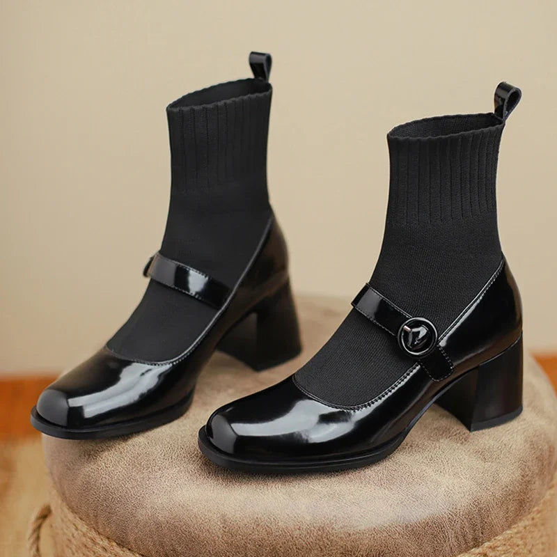 Ingvn  Autumn Winter Women Knit Sock Boots Fashion Slip On Square Heels Shoes Vintage Ladies Stretch Short Booties