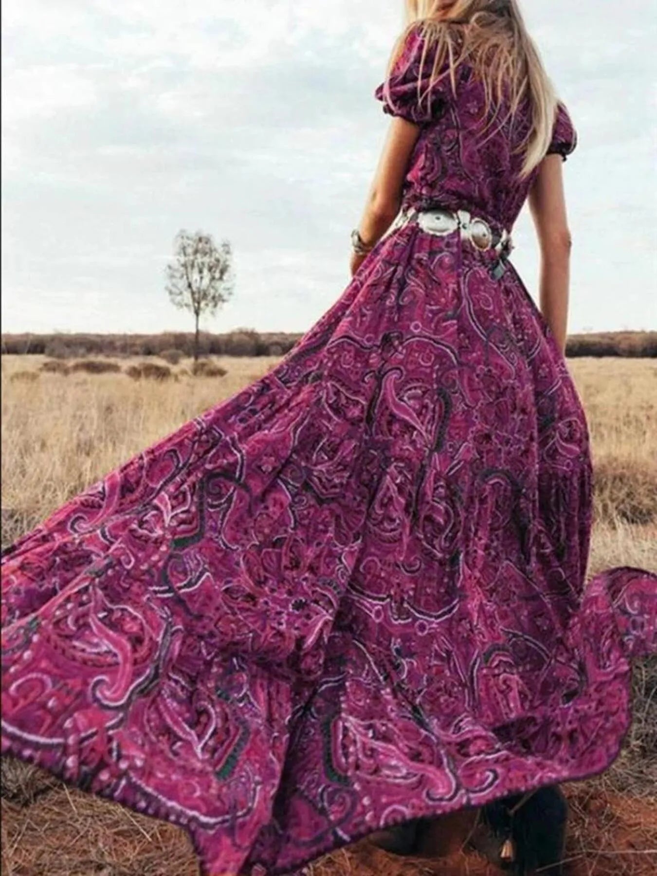Full Size Printed Puff Sleeve Maxi Dress Plus Size