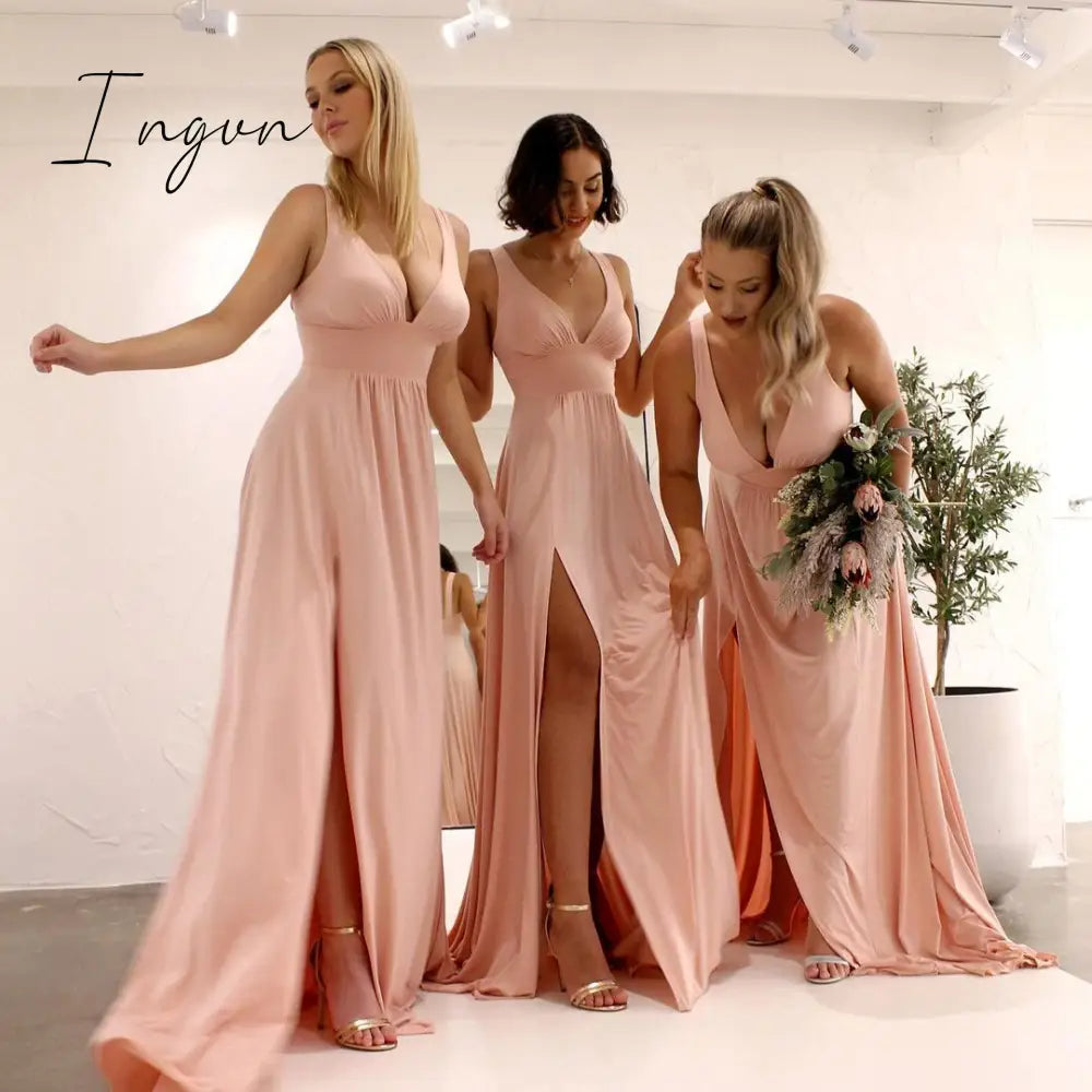 Ingvn - Sexy Bridesmaid Dresses Satin Simple V Neck High Slit Wedding Party Backless Evening Robe For Cccasion Long Prom Gown