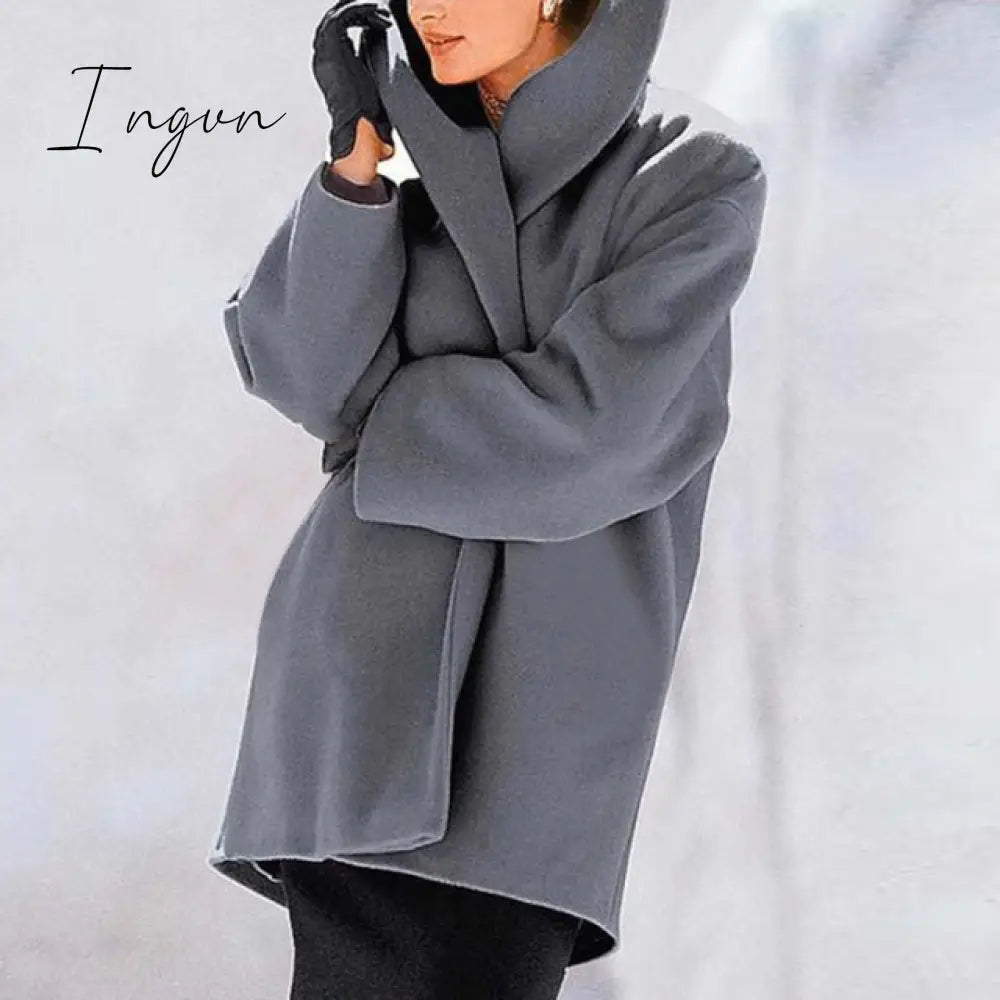Ingvn - Fashion Trends Women Retro Single Button Solid Long Cardigan Jackets Autumn Long Sleeve Pocket Outwear Winter Hooded Blend Wool Coat Tops