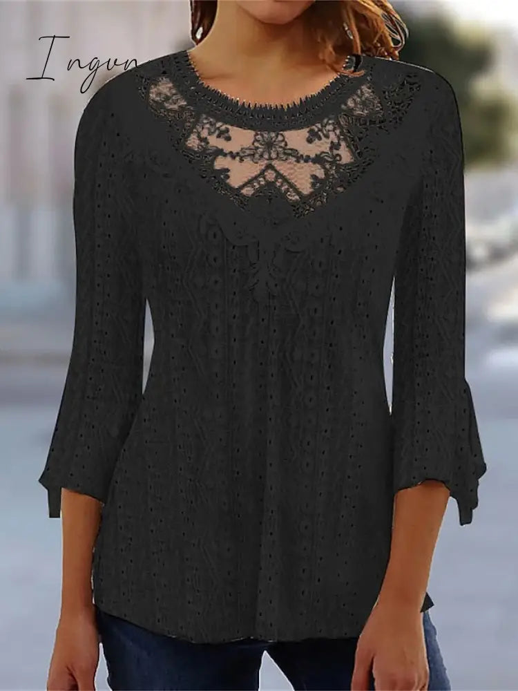 Ingvn - Women's Shirt Blouse Black White Pink Plain Lace 3/4 Length Sleeve Casual Basic Round Neck Regular S