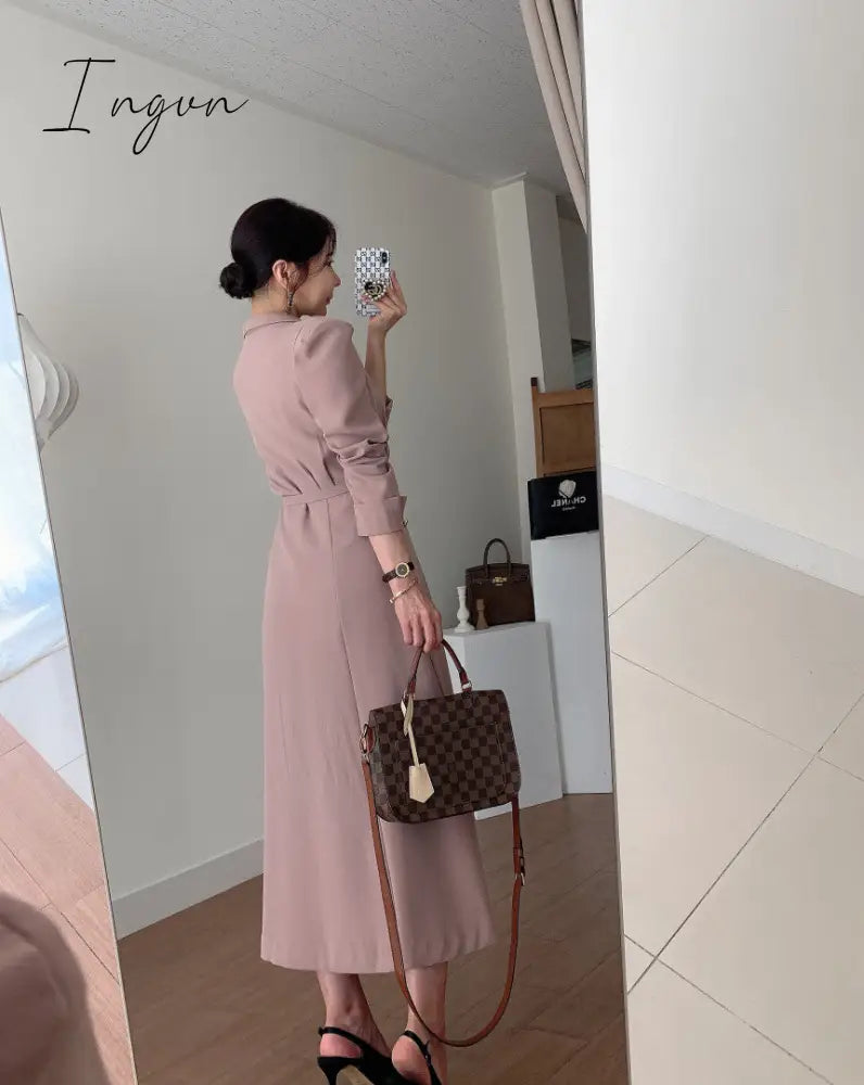Ingvn - New French Spring Elegant Double Breasted Belted Sashes Women Suit Dress Autumn Office Long Sleeve Slim Waist Female Dress
