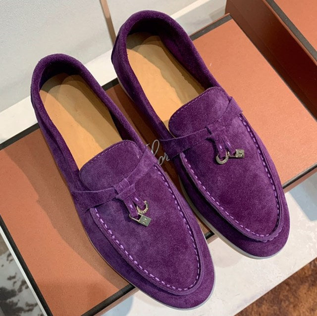 Trend New Kidsuede Women Flat Shoes Lazy Slip-on Metal Loafers Lady Casual Walk Shoes Woman Single Shoes Summer Real Leather