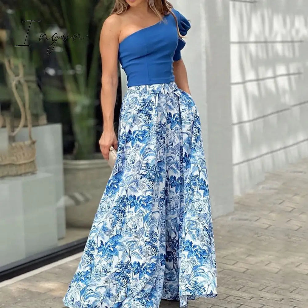 Ingvn - 2023 Fashion Summer Autumn Two Piece Sets Womens Fashion Sexy Mid Sleeve Shirt Elgant Floral Print Wide Leg Pant Suit Casual 2pcs Set Women