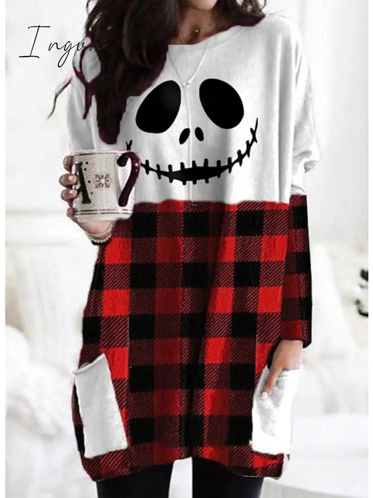 Ingvn - Women's Tunic Shirts Tunic Black White Wine Plaid Color Block Pocket Print Long Sleeve Halloween Weekend Round Neck Long Abstract Painting S
