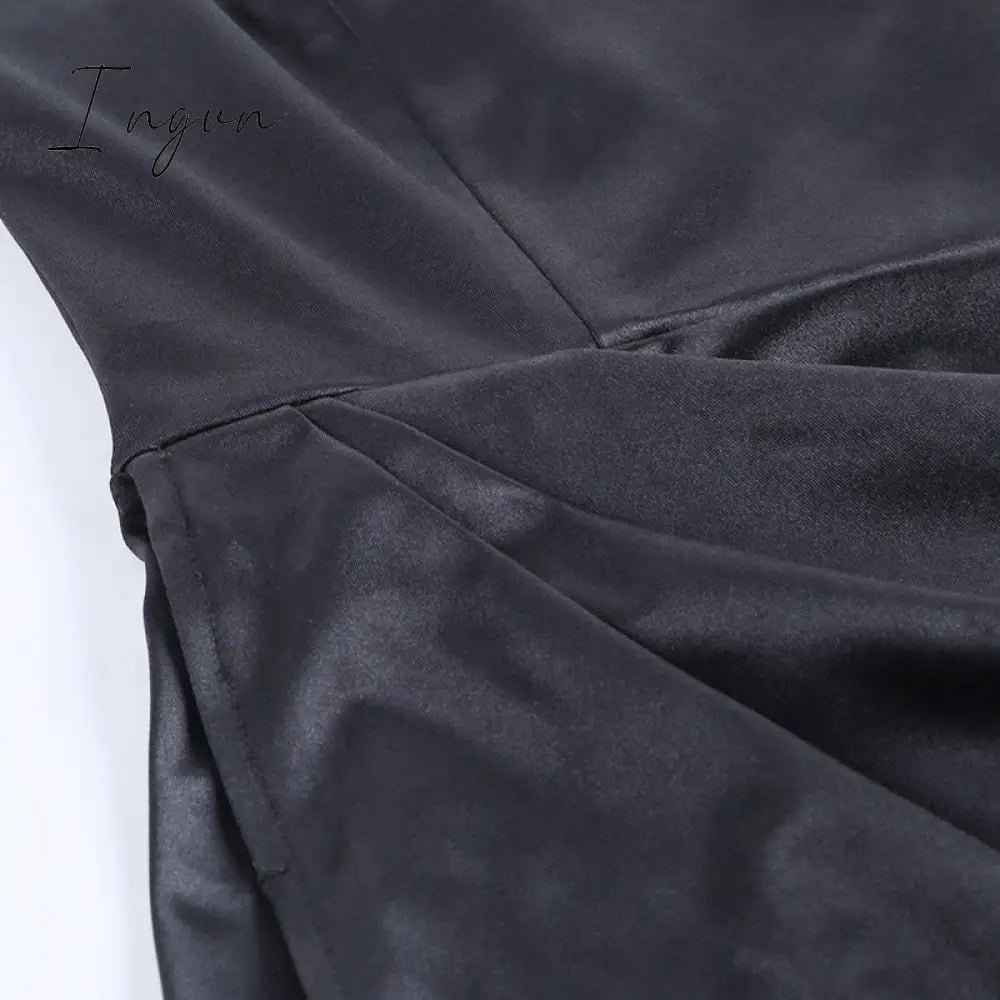 Ingvn - Summer Dresses For Women Sexy Black Satin Spaghetti Straps Low Cut Long Dress Women Summer Ruched Side High Split Maxi Dress Elegant Party Club