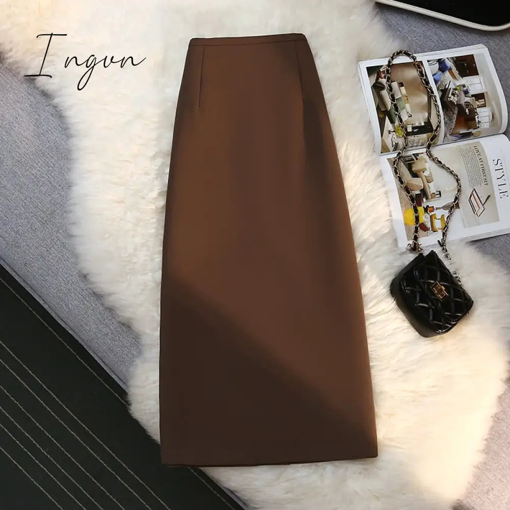 Ingvn - Fashion Elegant Formal Skirts Women Autumn New High Waist Drape Suit Long Brown Skirt Zipper Female
