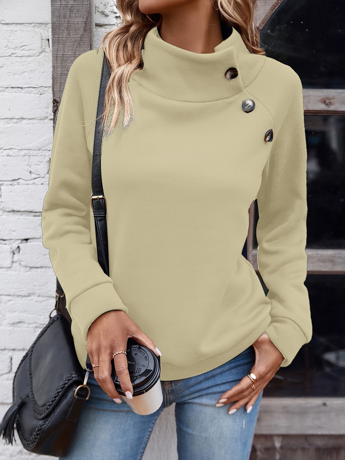 Solid Mock Neck Button Sweatshirt, Elegant Long Sleeve Sweatshirt For Fall & Winter, Women's Clothing