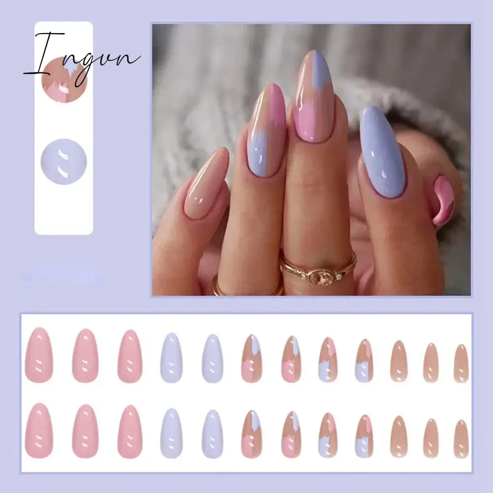 Simple French Wearable False Nails Almond Colorful Stripes Colorblock Design Manicure Fake Nails Line Full Cover Press On Nail