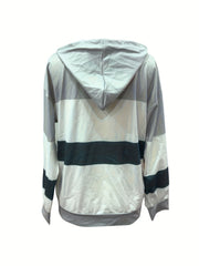 Long Sleeve Striped Drop Shoulder Hoodie - Soft Micro Elastic Polyester Fabric, Button Details, Machine Washable, Casual Style for Fall/Winter - Womens Clothing