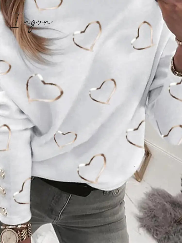 Ingvn - Women's Sweatshirt Pullover Basic White Beige Graphic Street V Neck Long Sleeve Top Micro-elastic Spring &  Fall