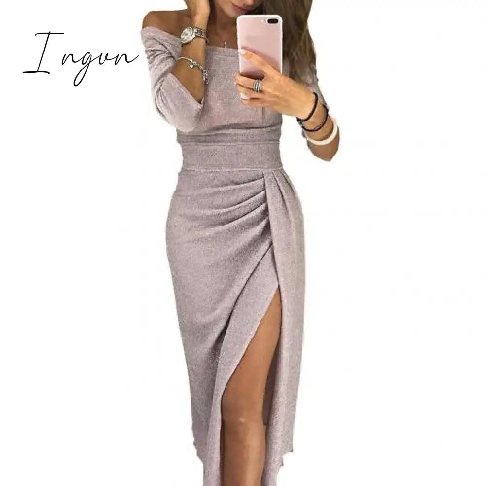 Ingvn - Spring Autumn Solid Women's Tunic Lady Evening Party Dresses Off Shoulder High Waist Long Dress Elegant Sexy Club Vestidos