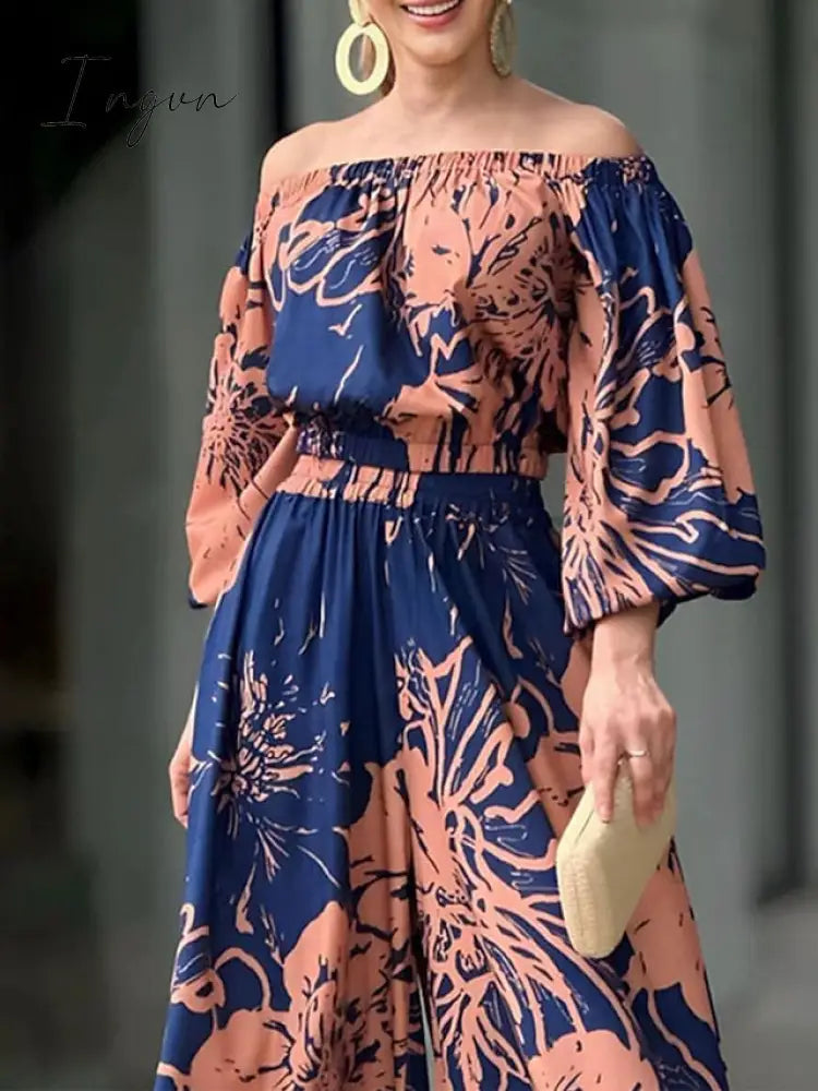 Ingvn - Women's Shirt Pants Sets Blue Floral Print Long Sleeve Casual Daily Fashion Off Shoulder Regular Fit Spring &  Fall