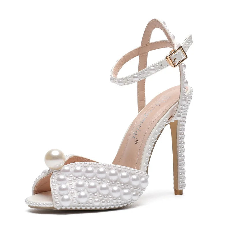 New White Female Sandals Bridal Shoes Woman Fashion Thin Heel Big Pearl Girls Fashion Sandals Party Shoes Sandales Femmes