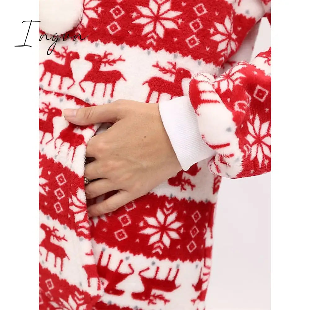 Ingvn - Women's Pajamas Jumpsuit Elk Snowflake Warm Fashion Casual Home Christmas Daily Polyester Breathable Hoodie Long Sleeve Pocket Fall Winter Black White