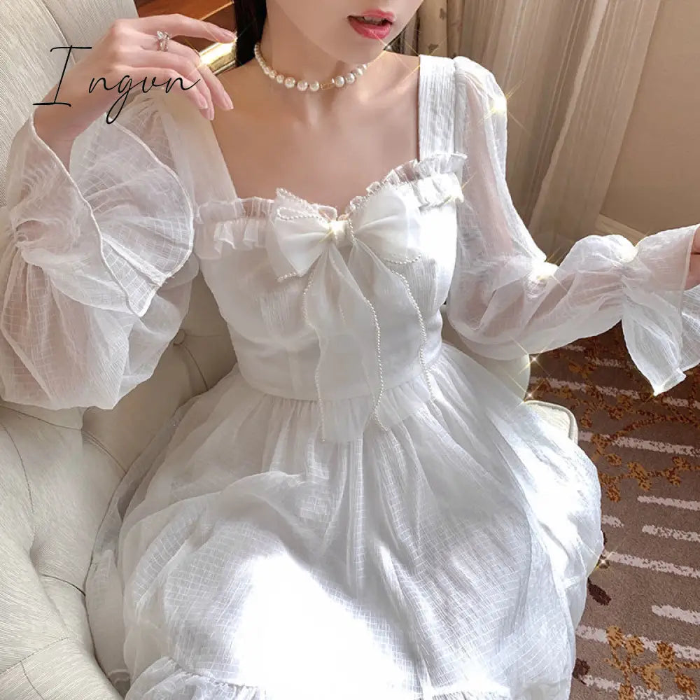 Ingvn - French Sweet Fairy Lolita Dress Women Long Sleeve Lace Y2k Mini Dress Vintage Kawaii Clothes One Piece Dress Korean Autumn