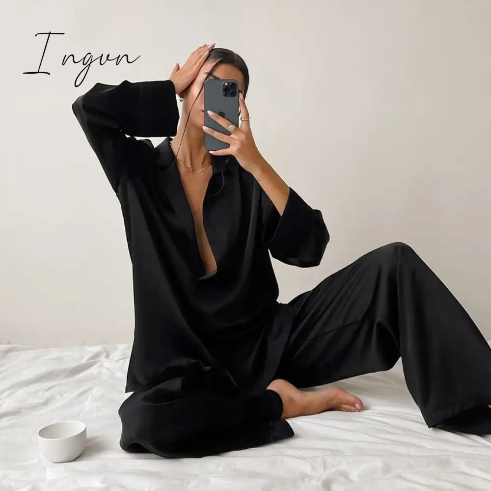Ingvn - Oversized Satin Silk Sleepwear Low Cut Sexy Pajamas For Women Single-Breasted Long Sleeves Wide Leg Pants Trouser Suits