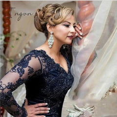 Ingvn - On Sale Charming Dark Navy Lace Mermaid Long Sleeve Mother of the Bride Dresses V Neck Wedding Party Gowns Back Out
