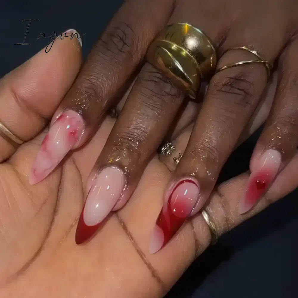 24Pcs False Nails With Glue Almond Pink Butterfly Design Detachable Rhinestones Acrylic Fake Nails long stiletto Press On Nails