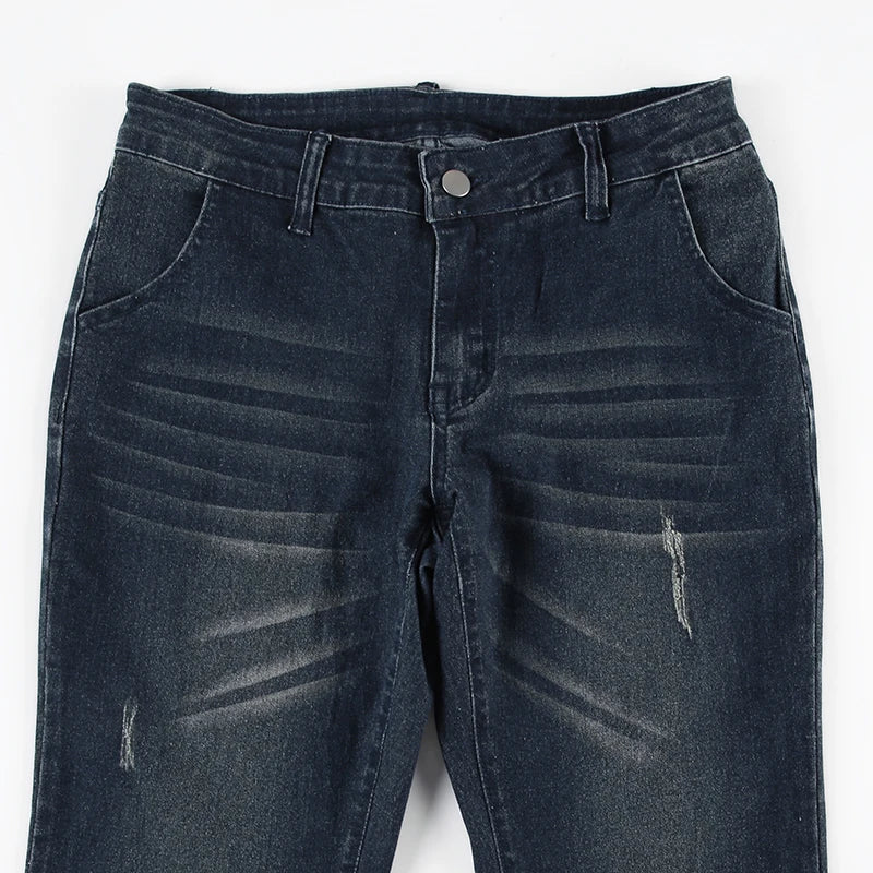 Blue Low Rise Flare Jeans Vintage 2000s Slim-fitting Denim Pants Korean Style Women Trousers y2k Distressed Mom Jeans 90s