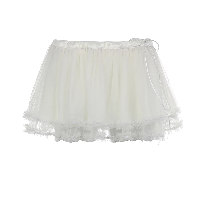 Transparent Mesh Pleated Skirt y2k Aesthetic Lace-up Low Waist A-line Mini Skirts Fairycore Coquette Outfits Ladies Chic