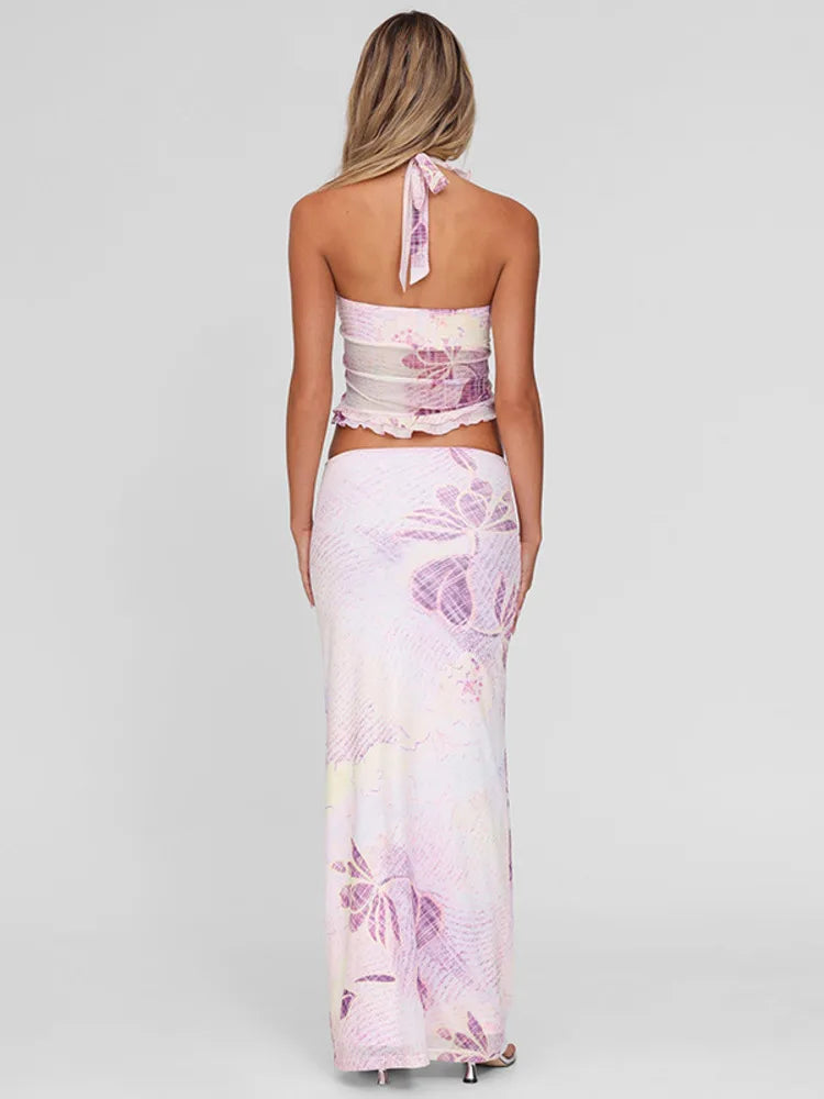Mesh Print Sexy Skirt Two Piece Set Women Fashion Halter Tank Tops And Maxi Skirt Female Elegant Printed 2 Piece Set