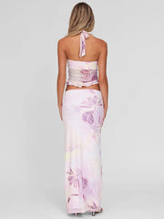 Mesh Print Sexy Skirt Two Piece Set Women Fashion Halter Tank Tops And Maxi Skirt Female Elegant Printed 2 Piece Set