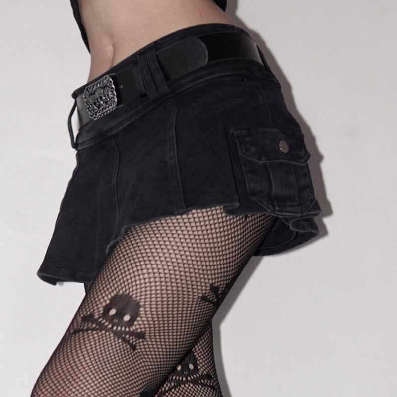 Harajuku Y2k Denim Skirt Women Dark Gothic Streetwear Mini Skirt with Skull Belt Mall Goth Punk Grunge Sexy Emo Clubwear