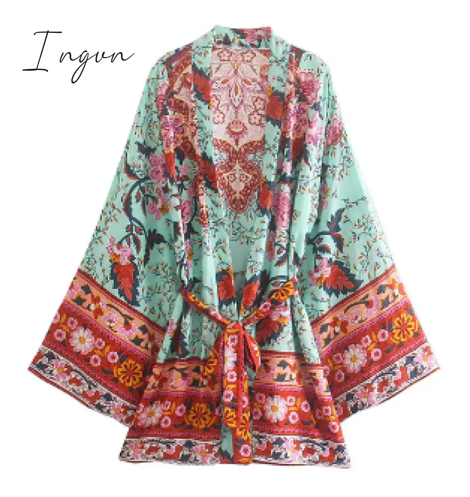 Ingvn - Vintage Peacock Floral Print Sashes Bohemian Kimono Women V Neck Batwing Sleeves Short Robe Boho Bikini Cover-ups