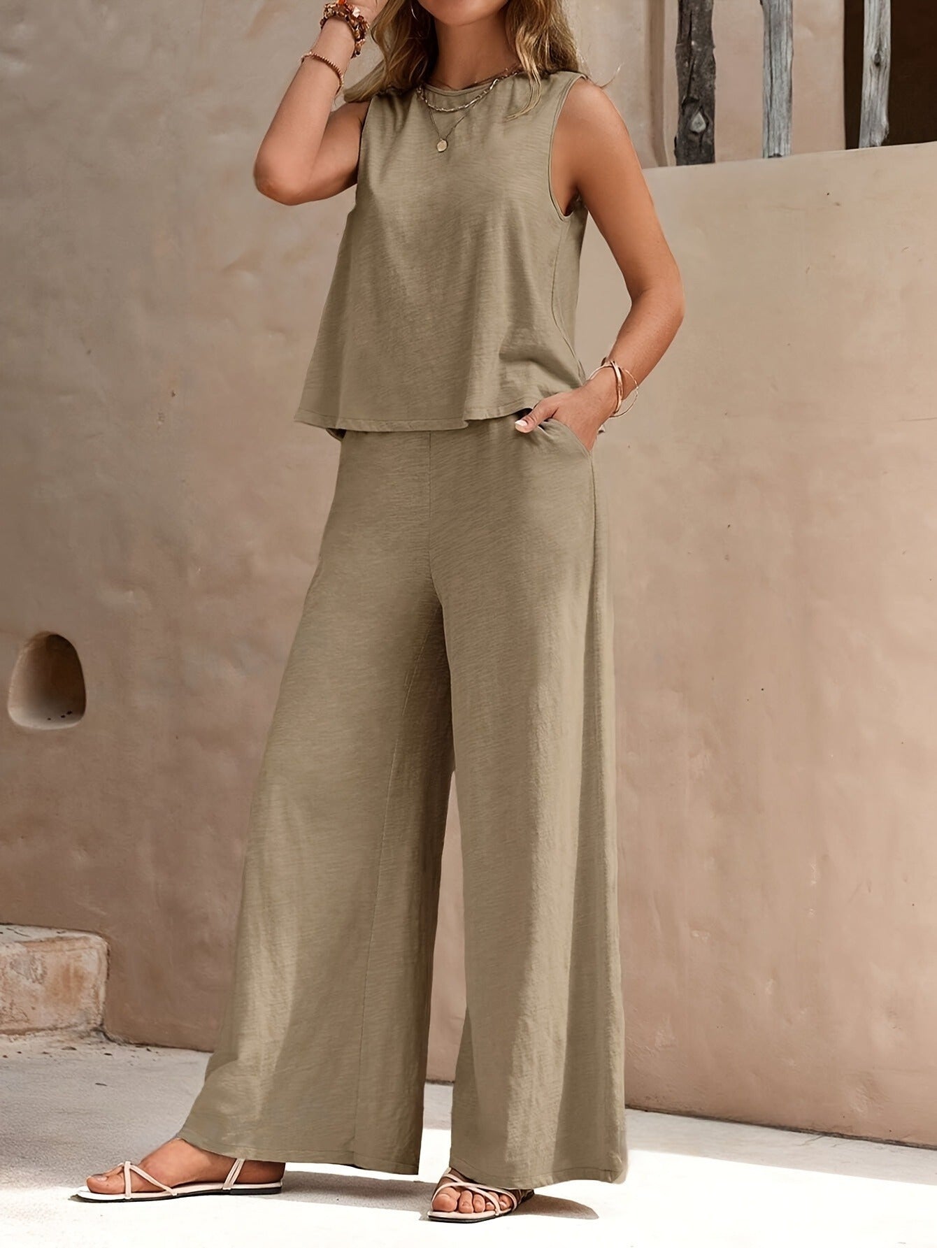 Casual Solid Color Two-piece Pants Set, Sleeveless Crew Neck Tank Top & Slant Pockets Wide Leg Pants Outfits, Women's Clothing