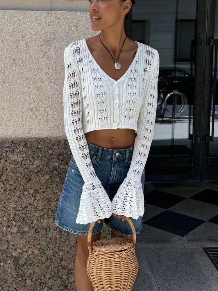Knitwear Hollow Out Sweater Cardigan Women V-Neck Long Sleeve See-Through Cropped Top Summer Knit Patchwork Cardigan Top