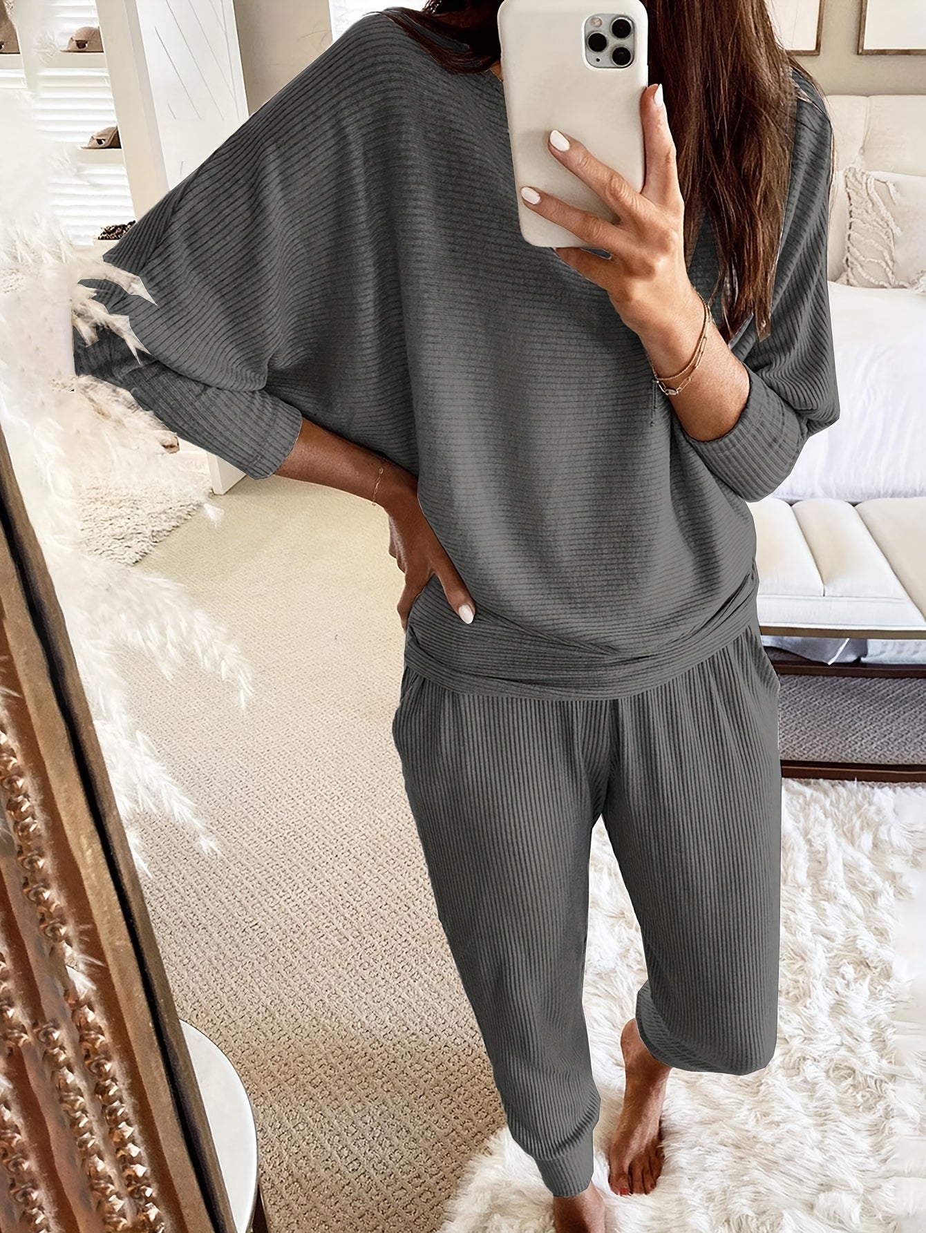 Cozy Womens Ribbed Lounge Set - Soft High-Elasticity Polyester, Crew Neck, Batwing Sleeve, Relaxed Fit, Pockets, Machine Washable, Perfect for Fall and Winter Season