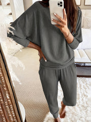 Cozy Womens Ribbed Lounge Set - Soft High-Elasticity Polyester, Crew Neck, Batwing Sleeve, Relaxed Fit, Pockets, Machine Washable, Perfect for Fall and Winter Season