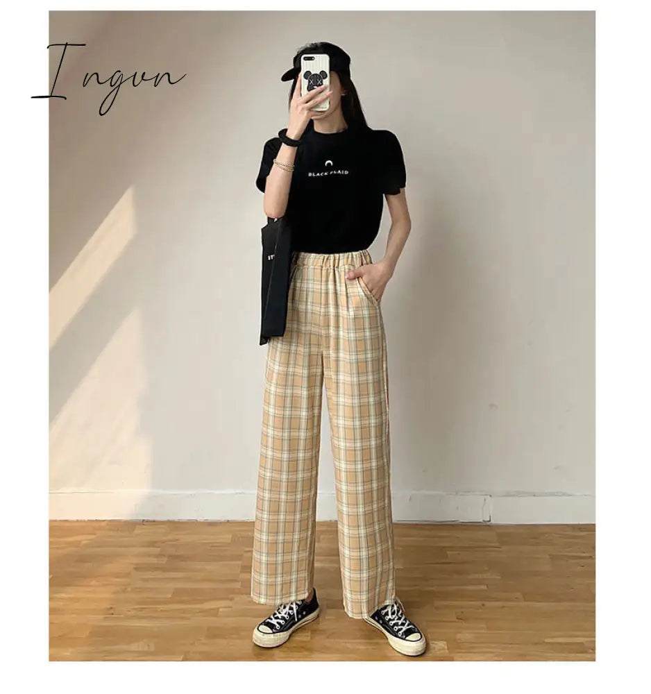 Ingvn - Vintage Plaid Pants Women High Waist Plus Size Wide Leg Casual Female Trousers Summer Joggers Clothes Streetwear Girl Pants