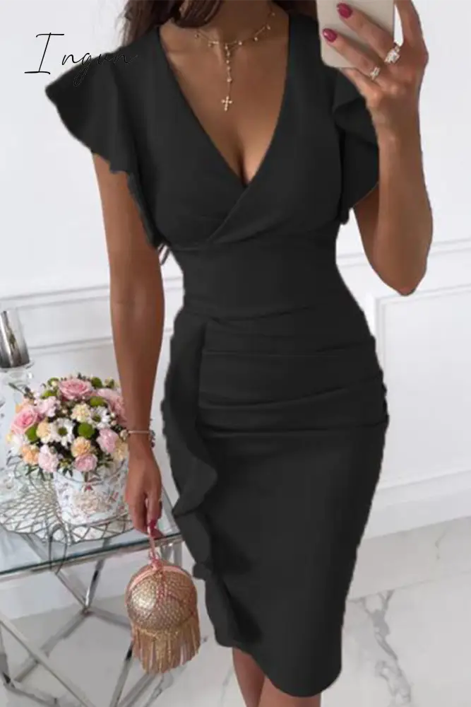 Ingvn - Fashion Elegant Solid Flounce Fold V Neck Wrapped Skirt Dresses(9 colors)