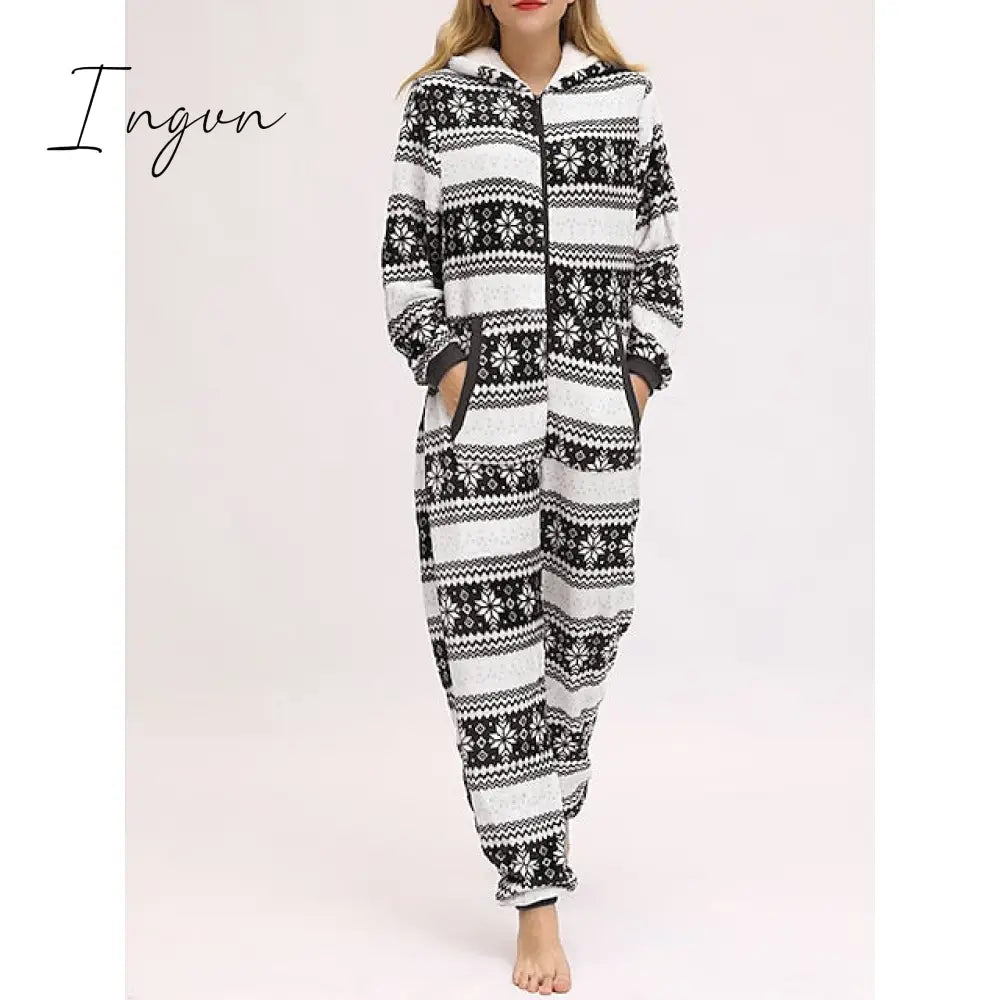 Ingvn - Women's Pajamas Jumpsuit Elk Snowflake Warm Fashion Casual Home Christmas Daily Polyester Breathable Hoodie Long Sleeve Pocket Fall Winter Black White