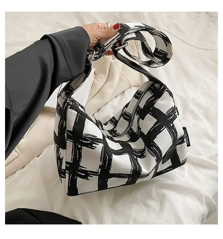 Ingvn  Canvas Fashion Womens Shoulder Bag Plaid Graffiti Large Capacity Casual Crossbody Bag College Style Fashion Female Handbag