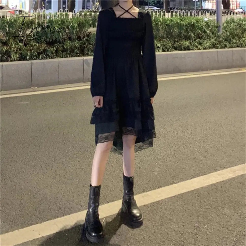 Ingvn - New Gothic Women Black Fairy Party Dress Cross Square Collar Lolita Princess Irregular Dress Cute Kawaii Lace Ruffles Chic Dress