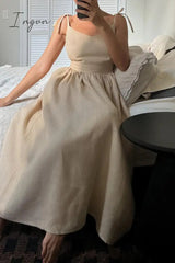 Ingvn- Sexy Vacation Solid Bandage Backless V Neck Beach Dress Dresses