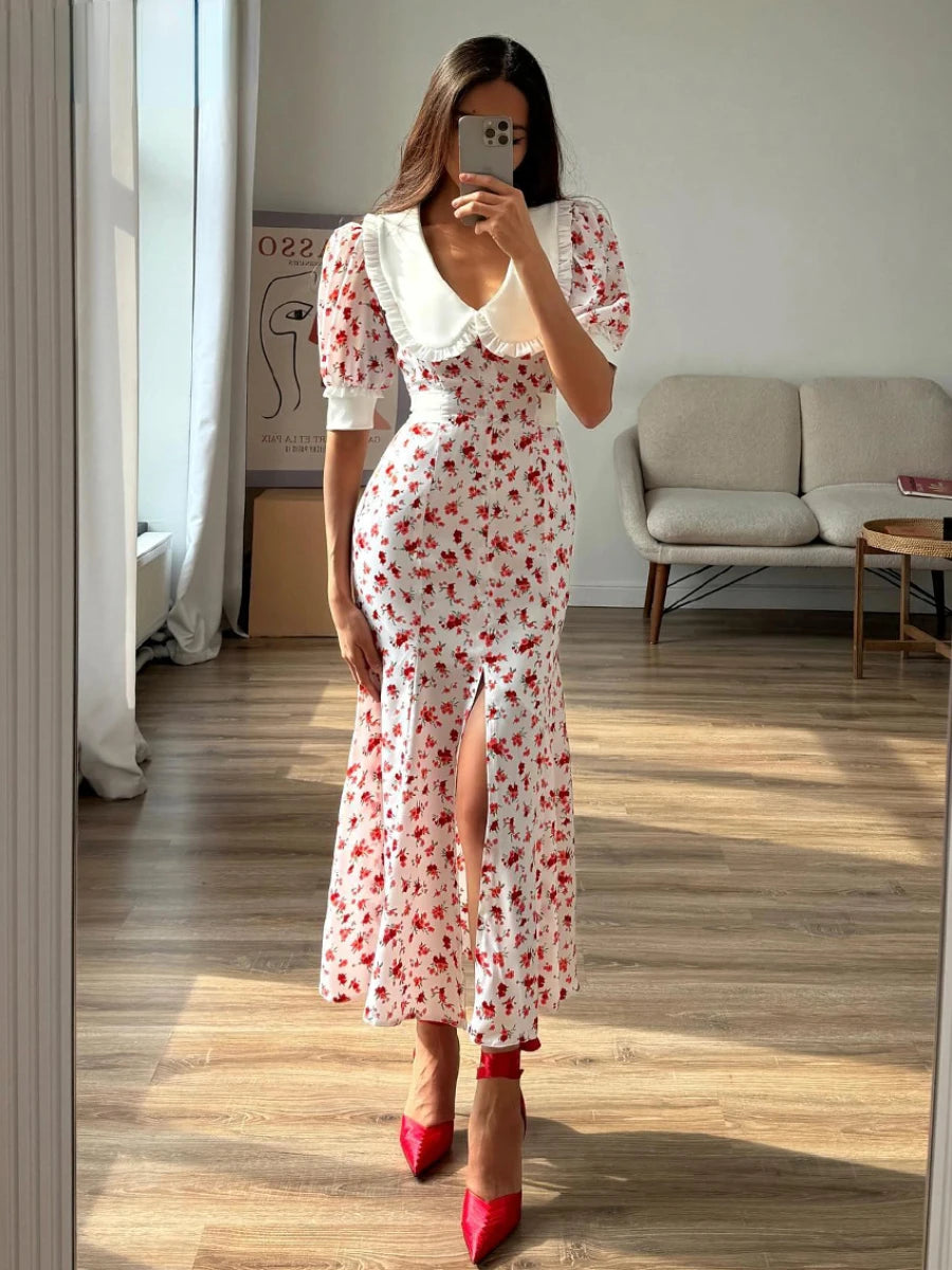 Ingvn  Fashion Slim Print Women's Dress Summer Lapel Short Sleeve Ankle Length Dresses Elegant High Waist Slit Female Dress