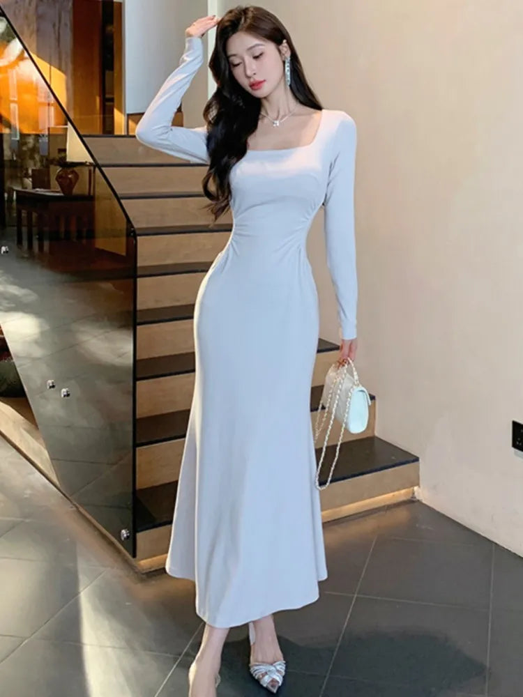 Autumn Korean Solid Knitted Dress for Women Elegant Square Collar Long Sleeves Slim Bodycon Vestidos Evening Party Prom Robe New